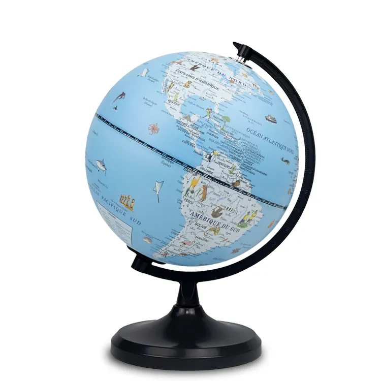 20cm (8") French Language Cartoon World Globe with Black Painted Metal Base & Meridian detail view 2